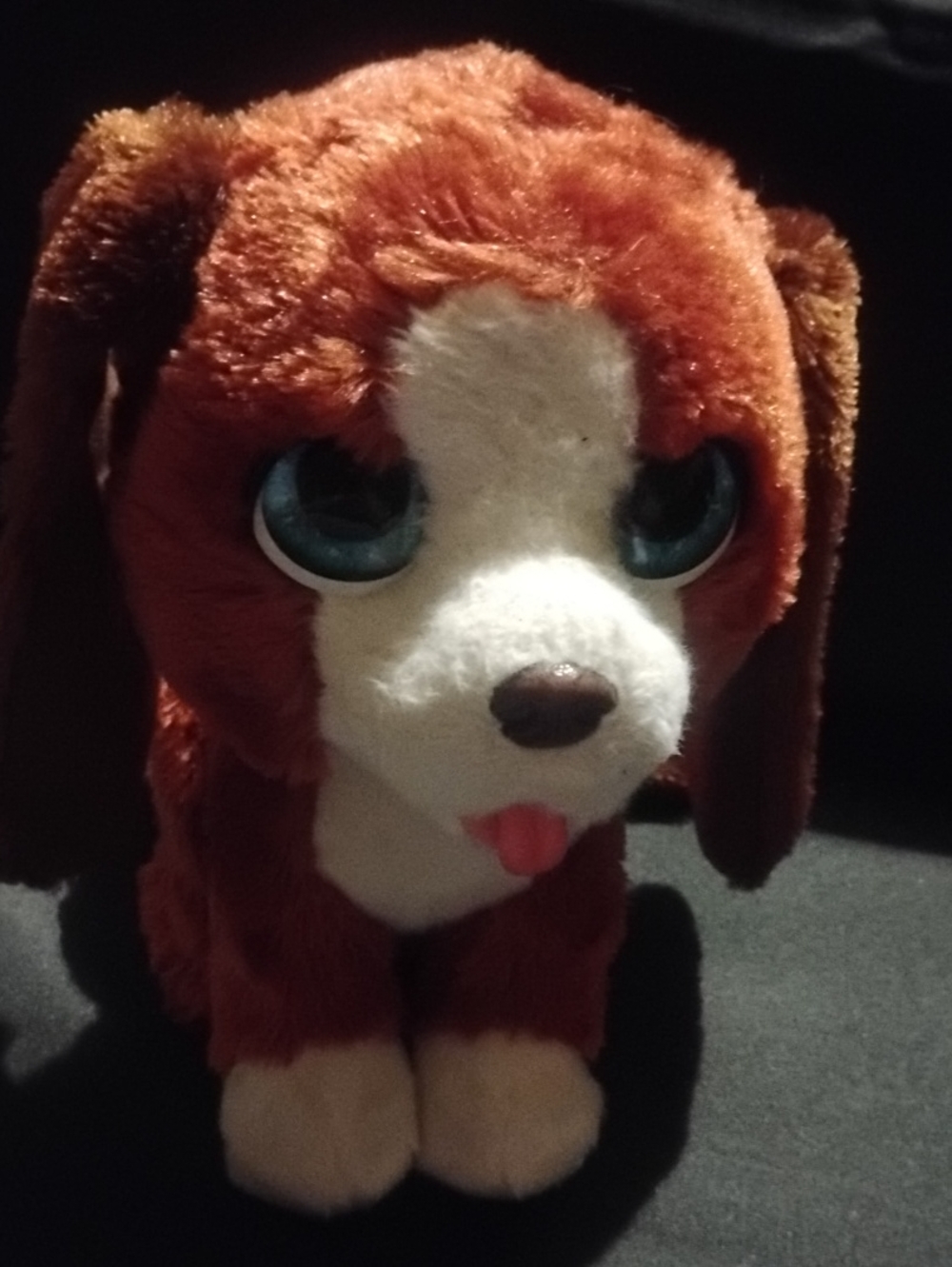 Plush Brown and White Dog Toy with Blue Eyes